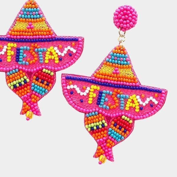Fiesta Sombrero Pink Seed Beaded Earrings - Picture 3 of 6